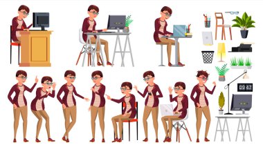 Office alt vektör. Kadın. Başarılı memur bey, memur, hizmetçi. İş işçisi kadın. Duygular, çeşitli hareketler karşısında. Düz illüstrasyon izole