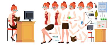 Office alt vektör. Kadın. Başarılı memur bey, memur, hizmetçi. Yetişkin iş kadını. Duygular, çeşitli hareketler karşısında. Animasyon oluşturma küme. Düz çizgi film illüstrasyon izole