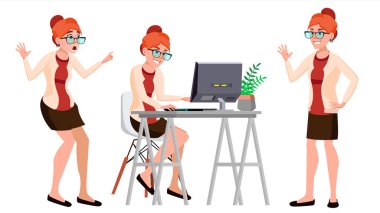 Office alt vektör. Kadın. Mutlu memur, hizmetli, işçi. İş kadın kişi. Bayan yüz duygular, çeşitli hareketler. Düz karakter çizimi