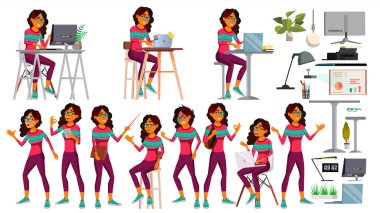 Office alt vektör. Kadın. Modern Arap çalışanı, işçi. Suudi. Bir iş kadını. Duygular, çeşitli hareketler karşısında. Düz çizgi film illüstrasyon