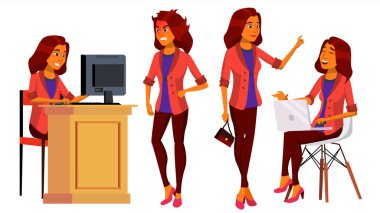 Office alt vektör. Kadın. Modern işçi, işçi. Bir iş kadını. Arap, Suudi yüz duygular, çeşitli hareketler. Düz çizgi film illüstrasyon