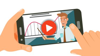 Video öğretici vektör. Akış App. uzaktan eğitim. Internet Hizmetleri. Cep. Online oyuncu. Düz izole illüstrasyon