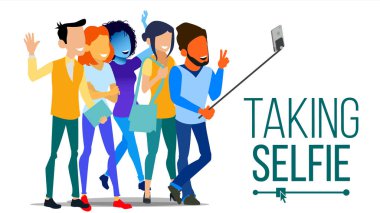 Selfie vektör alarak. Erkekler, kadınlar gülüyor. Fotoğraf portre kavramı. Kendini kamera. Gençlik kavramı. Modern düz izole insan illüstrasyon