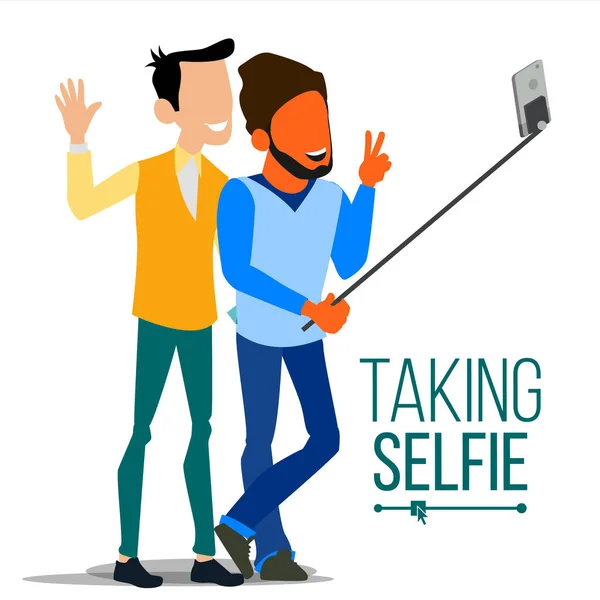 Men Taking Selfie Vector. Laughing. Photo Portrait Concept. Self Camera. Youth Concept. Modern Flat Isolated People Illustration — Stock Vector