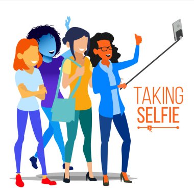 Selfie vektör alarak kızlar. Fotoğraf portre kavramı. Kendini kamera. Modern düz izole insan illüstrasyon