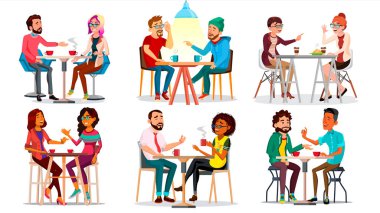 Arkadaşlar Cafe vektör. Erkek, kadın, Erkek, kız. Birlikte oturan ve kahve içme. Bistro, kafeterya. Restoran. İletişim kahvaltı kavramı. İllüstrasyon izole karikatür