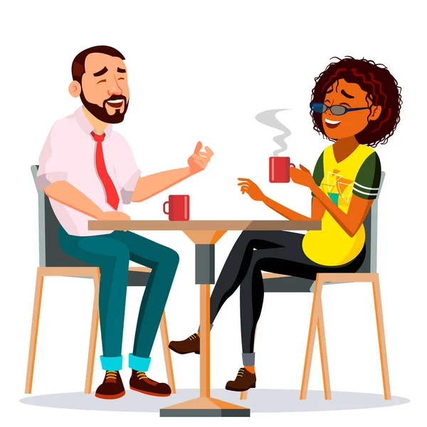 Paar In Restaurant Vector. Man en vrouw. Elkaar zitten en koffie drinken. Levensstijl. Geïsoleerde Cartoon afbeelding — Stockvector