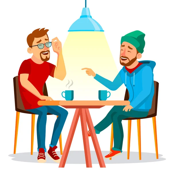 Two Man Friends Drinking Coffee Vector. Best Friends In Cafe. Sitting Together In Restaurant. Have Fun. Communication Breakfast Concept. Isolated Flat Cartoon Illustration — Stock Vector