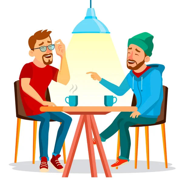 Twee Man vrienden drinken koffie Vector. Beste vrienden In Cafe. Zittend samen In Restaurant. Veel plezier. Ontbijt communicatieconcept. Geïsoleerd plat Cartoon afbeelding — Stockvector