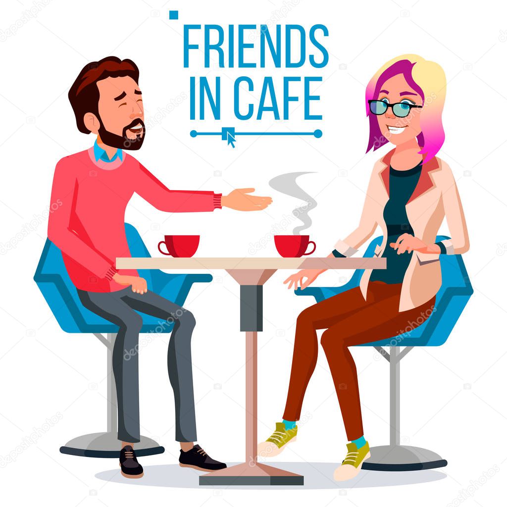 Couple In Restaurant Vector. Friends Or Boyfriend, Girlfriend. Man And Woman. Sitting Together And Drinking Coffee. Isolated Cartoon Illustration