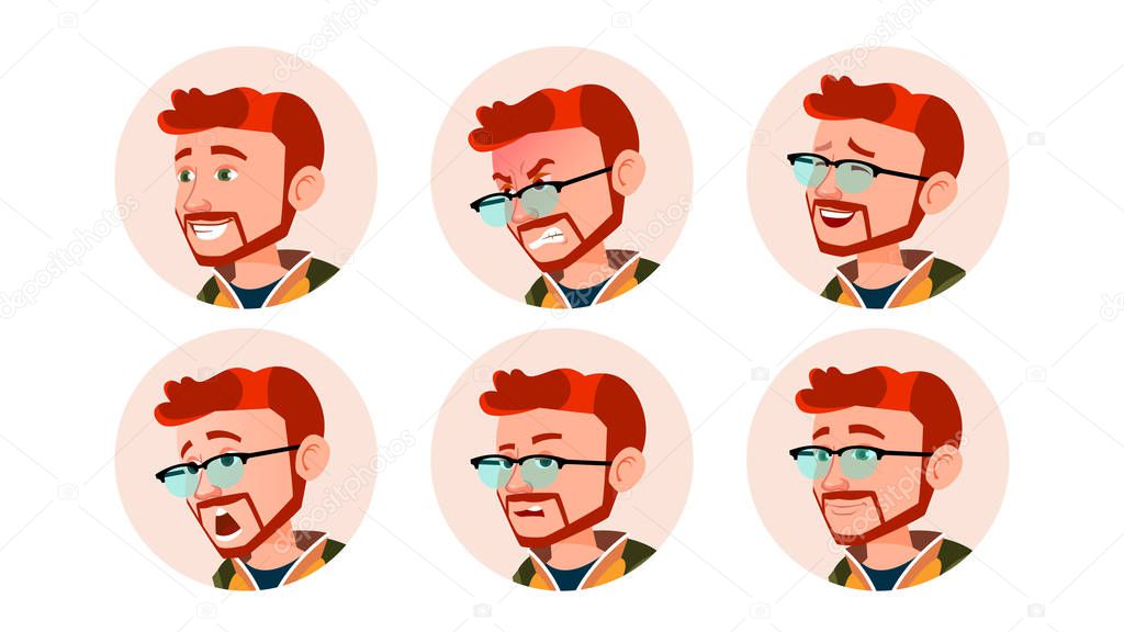 Man Avatar People Vector. Comic Emotions. Red Head, Ginger Flat Handsome Manager. Happy, Unhappy. Laugh, Angry. Cartoon Character Illustration