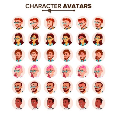 İnsanlar Avatar Set vektör. Erkek, kadın. İnsan duyguları. Anonim erkek, kadın. Simge yer tutucu. Kişi Shilouette. Kullanıcı portre. Komik duygular. Yakışıklı Yöneticisi. Düz çizgi film karakteri illüstrasyon