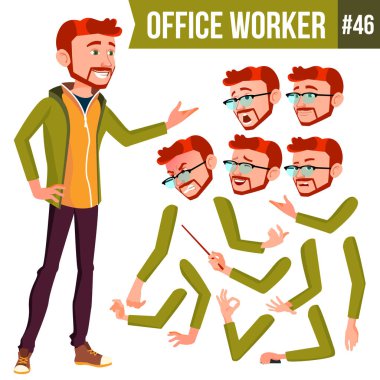 Office alt vektör. Kırmızı kafa. Duygular, çeşitli hareketler karşısında. Animasyon oluşturma küme. İşadamı işçisi. Mutlu iş. Ortak, memur, hizmetli, çalışan. Düz çizgi film illüstrasyon izole
