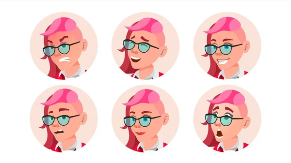 Avatar Woman Vector. Facial Emotions. Round Portrait. Stylish Face. Angry, Smile. Emo, Freak Hairstyle. Pink. Image. Flat Cartoon Character Illustration — Stock Vector
