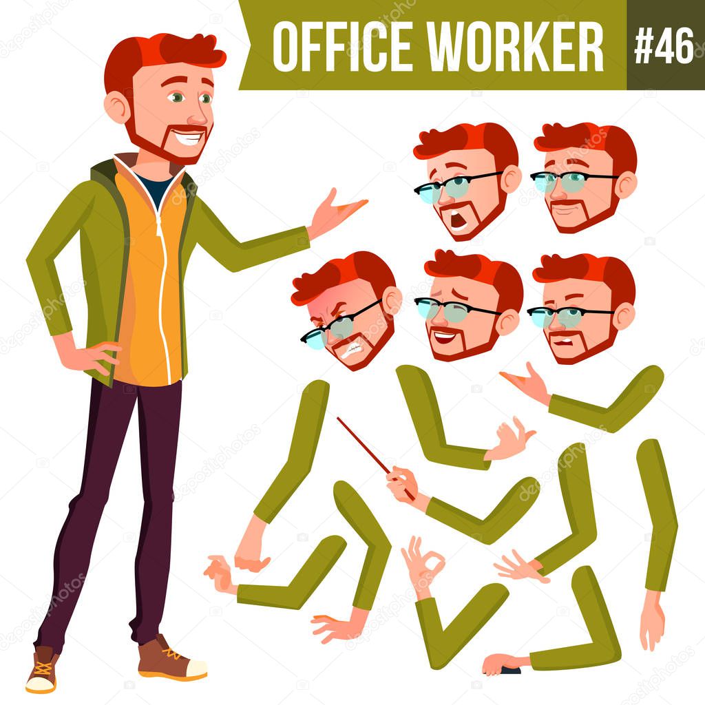 Office Worker Vector. Red Head. Face Emotions, Various Gestures. Animation Creation Set. Businessman Worker. Happy Job. Partner, Clerk, Servant, Employee. Isolated Flat Cartoon Illustration