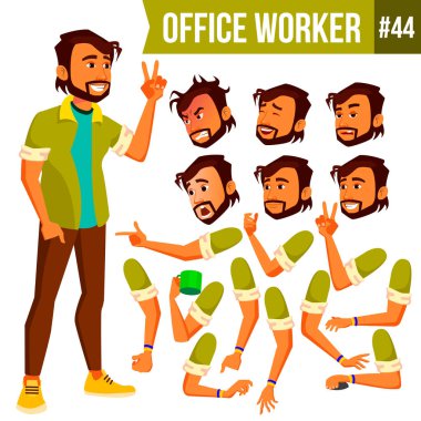 Office alt vektör. Hint. Duygular, çeşitli hareketler karşısında. Animasyon oluşturma küme. İş adam profesyonel kabin işçi, memur, memur. İzole karikatür karakter çizimi
