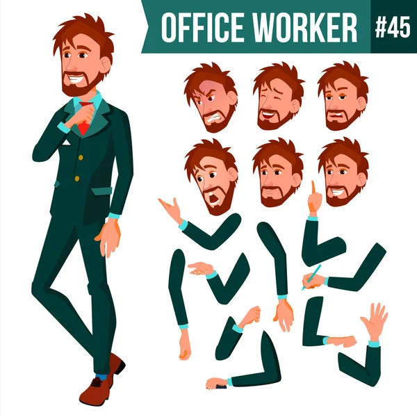 オフィス ワーカーのベクトル。顔の感情、様々 なジェスチャー。アニメーション作成セットです。大人のビジネスの男性。成功した役員、事務員、使用人。フラットのキャラ イラストを分離 — ストックベクタ
