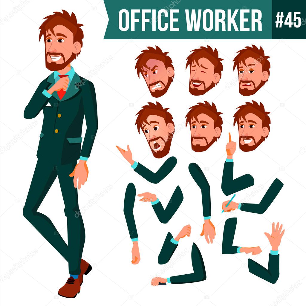Office Worker Vector. Face Emotions, Various Gestures. Animation Creation Set. Adult Business Male. Successful Corporate Officer, Clerk, Servant. Isolated Flat Character Illustration