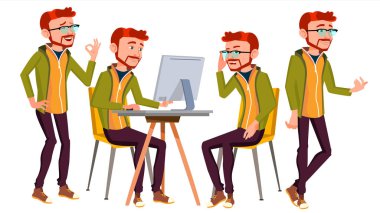 Office alt vektör. İşadamı işçisi. Bir yaşam tarzı. Animasyon eklenmiş öğeler. Teşkil etmektedir. Kırmızı kafa, Ginger. Ön, yan görünüm. Mutlu iş. Ortak, memur, hizmetli, çalışan. Düz çizgi film illüstrasyon izole