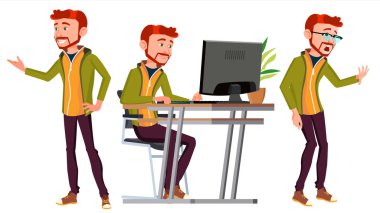 Office alt vektör. Duygular, çeşitli hareketler karşısında. İşadamı kişi. Teşkil etmektedir. Ön, yan görünüm. Office. Gülümseyen Executive, hizmetçi, işçi, memur bey. İzole karakter çizimi