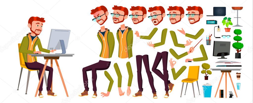 Office Worker Vector. Red Head, Ginger. Animation Creation Set. Adult Business Male. Successful Corporate Officer, Clerk, Servant. Scene Generator. Isolated Flat Character Illustration