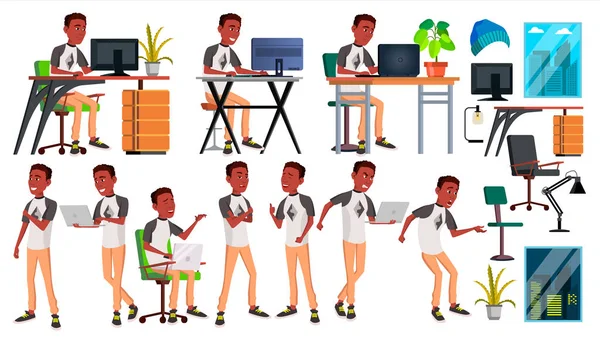 Trabalhador de escritório Vector. Trabalhador Empresarial. Preto. Africano. Poses. Frente, Vista Lateral. Feliz trabalho. Sócio, Secretário, Servo, Empregado. Ilustração plana isolada dos desenhos animados —  Vetores de Stock