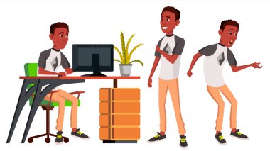Office alt vektör. Duygular. Bir yaşam tarzı. Siyah. Afrika. İş kişi. Teşkil etmektedir. Ön, yan görünüm. Kariyer. Modern işçi, iş kazası sayılır. Düz çizgi film karakteri illüstrasyon izole