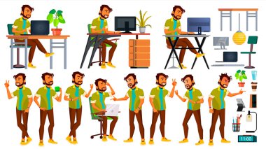 Office alt vektör. Hint duygular, çeşitli hareketler. İş insan. Gülümseyen Yöneticisi, hizmetçi, işçi, memur bey. Teşkil etmektedir. Düz karakter çizimi