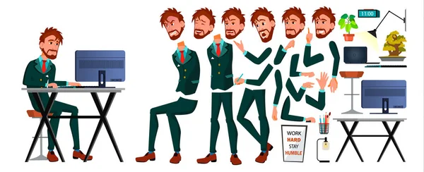 Office European Worker Vector Émotions Visage Gestes Ensemble Animation Homme — Image vectorielle