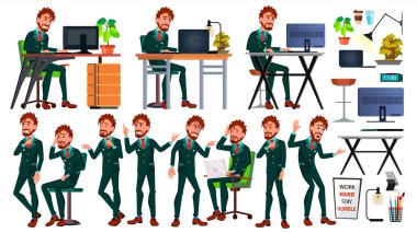 Office Avrupa işçi vektör. Yüz duygular. İşadamı kişi. Teşkil etmektedir. Ön, yan görünüm. Gülümseyen Executive, hizmetçi, işçi, memur bey. İzole karakter çizimi