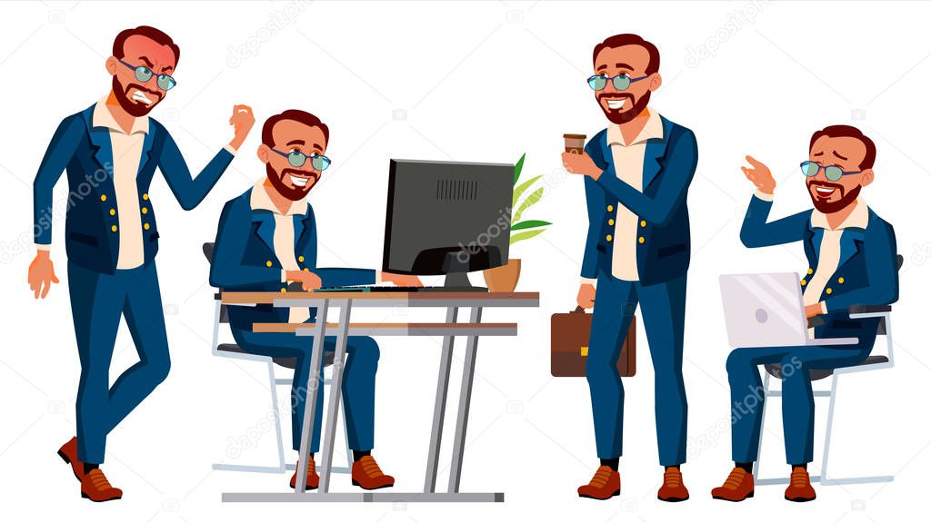 Office Worker Vector. Face Emotions, Gestures. Poses. Businessman Person. Turk. Front, Side View. Smiling Executive, Servant, Workman, Officer. Isolated Character Illustration