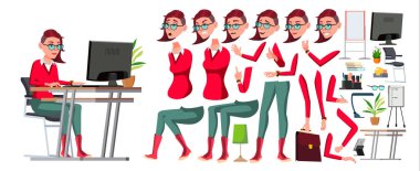 Office alt vektör. Kadın. Animasyon oluşturma küme. Yaşam tarzı jeneratör. Emo, ucube saç modeli. Profesyonel memur bey, memur. Ön, yan görünüm. İşadamı kadın. Bayan yüz duygular. İllüstrasyon