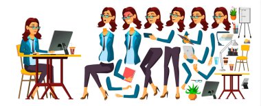 Office alt vektör. Kadın. Duygular, çeşitli hareketler karşısında. Sekreter, muhasebeci. Animasyon oluşturma küme. İzole karikatür karakter çizimi