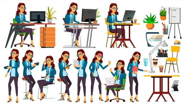 Trabalhador de escritório Vector. Mulher. Feliz Secretário, Servo, Empregado. Poses. Negócios Humanos. Emoções faciais, gestos. Secretário. Ilustração de Personagem Isolada —  Vetores de Stock