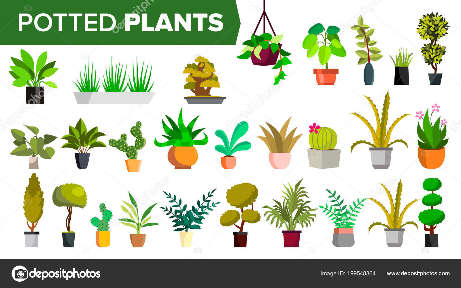 Potted Plants Set Vector Green Color Plants In Pot Indoor