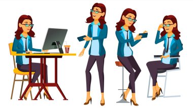 Office alt vektör. Kadın. Başarılı memur bey, memur, hizmetçi. Eylem. Sekreter, muhasebeci. Yetişkin iş kadını. Duygular, jestler. Düz çizgi film illüstrasyon izole