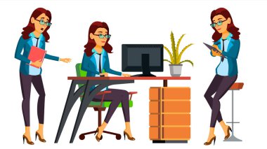 Office alt vektör. Kadın. Profesyonel memur bey, memur. Sekreter, muhasebeci. Ön, yan görünüm. Eylem. İşadamı kadın. Bayan yüz duygular. Düz karakter illüstrasyon izole