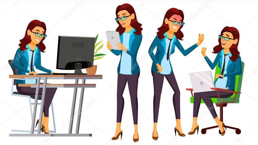 Office Worker Vector. Woman. Servant, Employee. Front, Side View. Poses. Business Woman Person. Accountant. Lady Emotions, Various Gestures. Flat Character Illustration