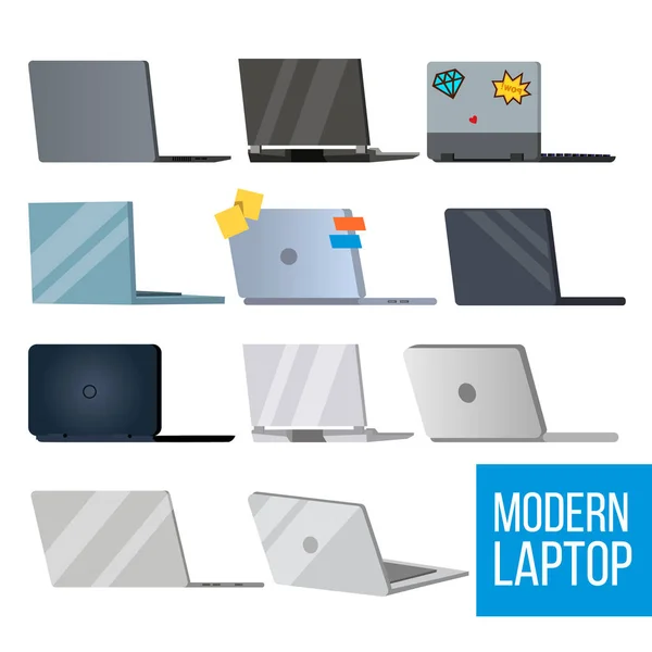 Laptop Set Vector. Modernos monitores portátiles de oficina. Oficina, Hogar, Pantalla Portátil, Pantalla Digital. Tipos diferentes. PC electrónica. Ilustración aislada — Vector de stock