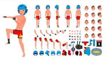MMA oyuncu erkek vektör. Animasyonlu karakter oluşturma küme. Adam tam uzunlukta, ön, yan, arkadan görünüm, aksesuarlar, pozlar, yüz duygular, jestler. Düz çizgi film illüstrasyon izole