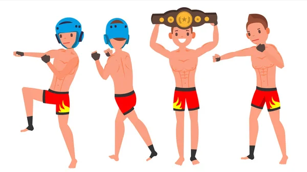 Jogador Masculino MMA Vector. Poses Set. Muscular Sports Guy Treino. Em Ação. Desenhos animados Personagem Ilustração —  Vetores de Stock