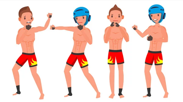 Jogador Masculino MMA Vector. Fighting On Ring, Cage, Arena. Jogando em diferentes Poses. Homem Atleta. Isolado na ilustração branca do caráter dos desenhos animados —  Vetores de Stock