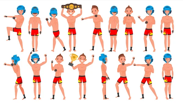 MMA hráč mužské vektor. Muay Thai představuje. Svalnatý sportovní trénink chlapa. Izolované ploché kreslená postava ilustrace — Stockový vektor