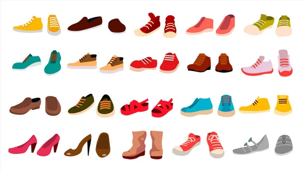 Schuhe Set Vektor. stylische Schuhe. für Mann und Frau. Sandalen. Verschiedene Jahreszeiten. Gestaltungselement. flache Karikatur isolierte Illustration — Stockvektor