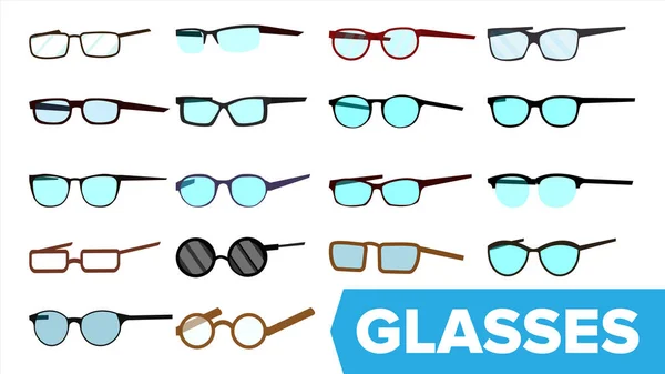 안경은 벡터를 설정합니다. 현대 안경 아이콘입니다. 다른 안경 종류입니다. 프레임 안경입니다. 블루 렌즈입니다. 평면 고립 된 그림 만화 — 스톡 벡터