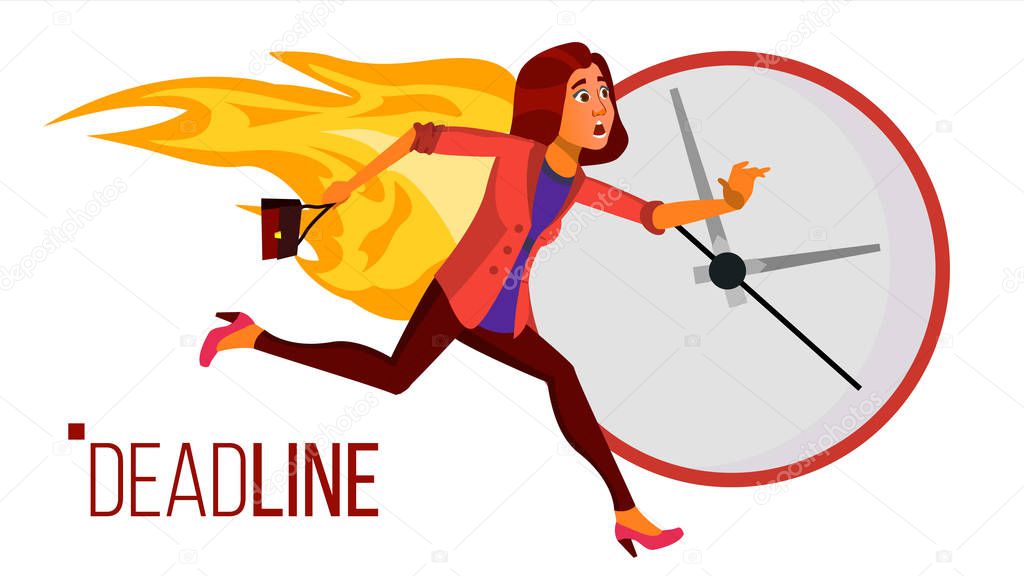 Deadline Concept Vector. Stressed Office People. Running Business Woman On Fire. Time Management. Struggling With Deadline. Overwork, Chaos In Office. Work. Illustration