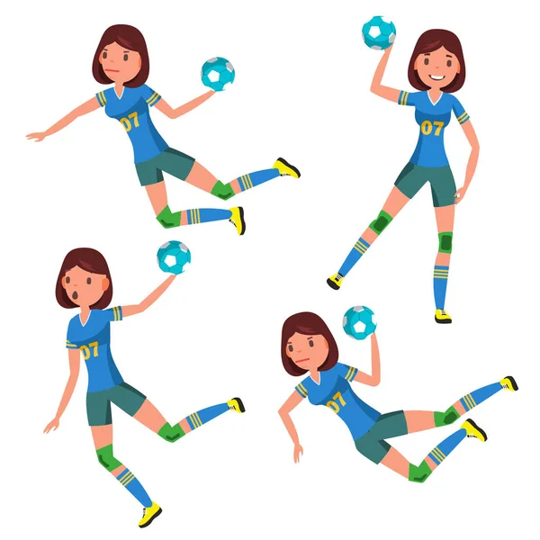 Jogadora de handebol Vetor Feminino. Jogador em Ataque. Identidade de marca corporativa. Ilustração de Personagem de Desenhos Animados Planos Isolados — Vetor de Stock