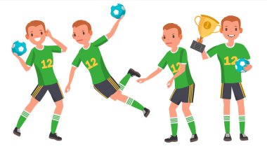 Hentbol Erkek Oyuncu vektör. Saldırı atlama. Oyuncu ateş. Farklı teşkil etmektedir oynuyor. Adam atlet. Beyaz çizgi film karakteri illüstrasyon izole