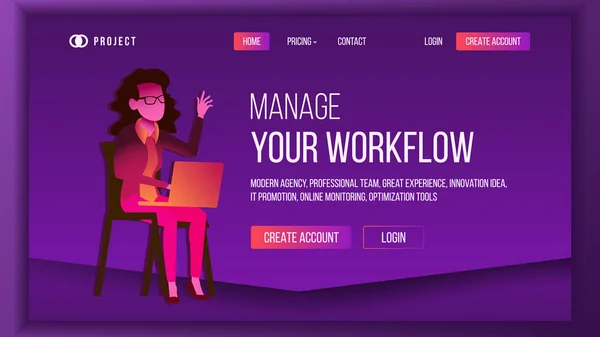 Workflow Business Landing Page Vector. Brainstorming Business Coworking. Gestión del flujo de trabajo. Una mujer. Ilustración de plantilla — Archivo Imágenes Vectoriales