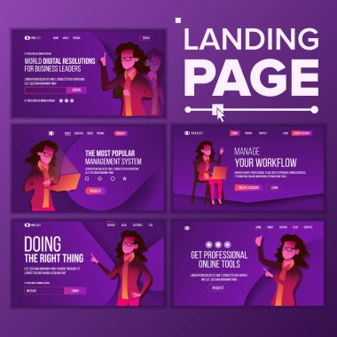 Açılış sayfası kümesini vektör. Kadın. İş akışı yönetimi. İş Coworking. Office yatırım Web sayfası. Geliştirici arabirimi. Ana Web sitesi sayfası tasarımı. Tüketim şablon çizimi